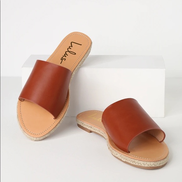 LuLus Marnie Chestnut Brown Vegan Leather Peep-toe Espadrille Slide Sandals SZ 8 - Picture 2 of 8